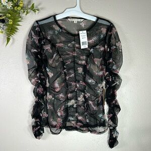 NWT Blouse Hippy Laundry black pink sheer ruched medium flamingo